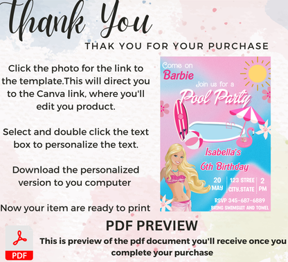 Barbie Pool Pink Birthday Invitation | Glam Summer Party | Editable Digital Invite