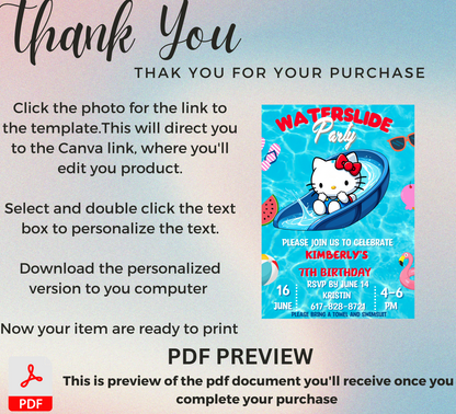 Hello Kitty Pool Waterslide Birthday Invitation | Editable Canva Template | Kawaii Summer Slide & Splash Party Invite | Printable Girls Birthday Invitation