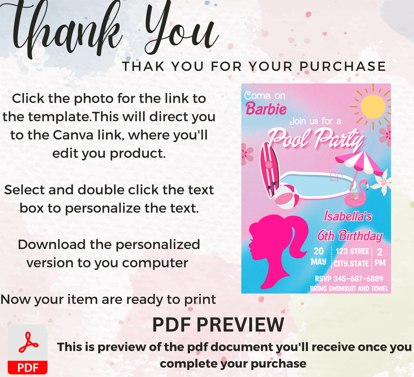 Barbie Pool Pink Birthday Invitation | Editable Canva Template | Summer Swim Party Invite | Printable Girls Birthday Invitation
