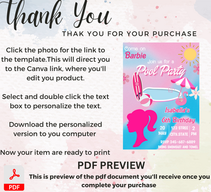 Barbie Pool Pink Birthday Invitation | Editable Canva Template | Summer Swim Party Invite | Printable Girls Birthday Invitation