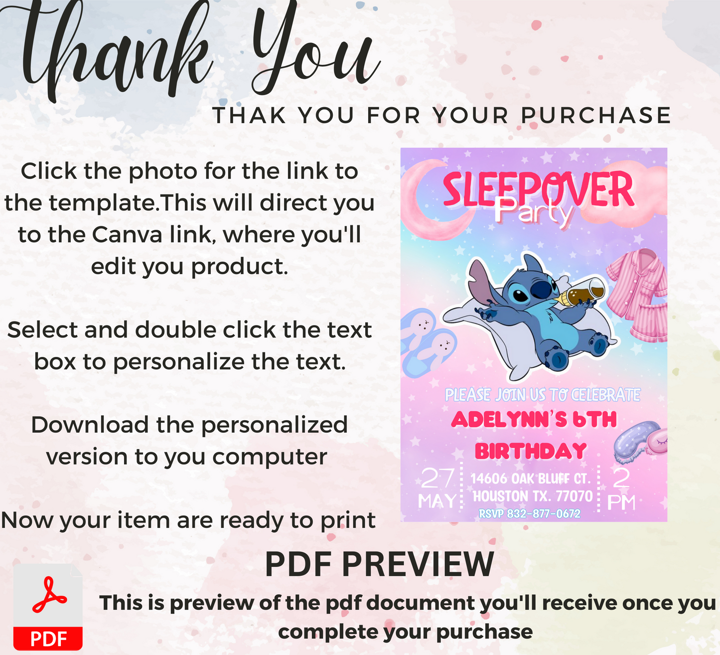Stitch Sleepover Pajamas Party Birthday Invitation | Kawaii Slumber Party Invite | Editable Canva Template | Cute Printable Kids Birthday