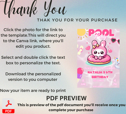 My Melody Pink Pool Birthday Invitation | Kawaii Summer Party Invite | Editable Canva Template | Cute Poolside Birthday Printable