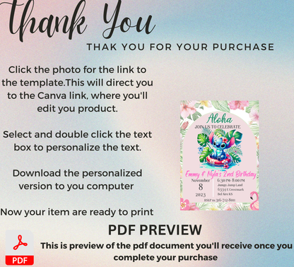 Stitch Pool Birthday Invitation | Kawaii Summer Swim Party Editable Canva Template