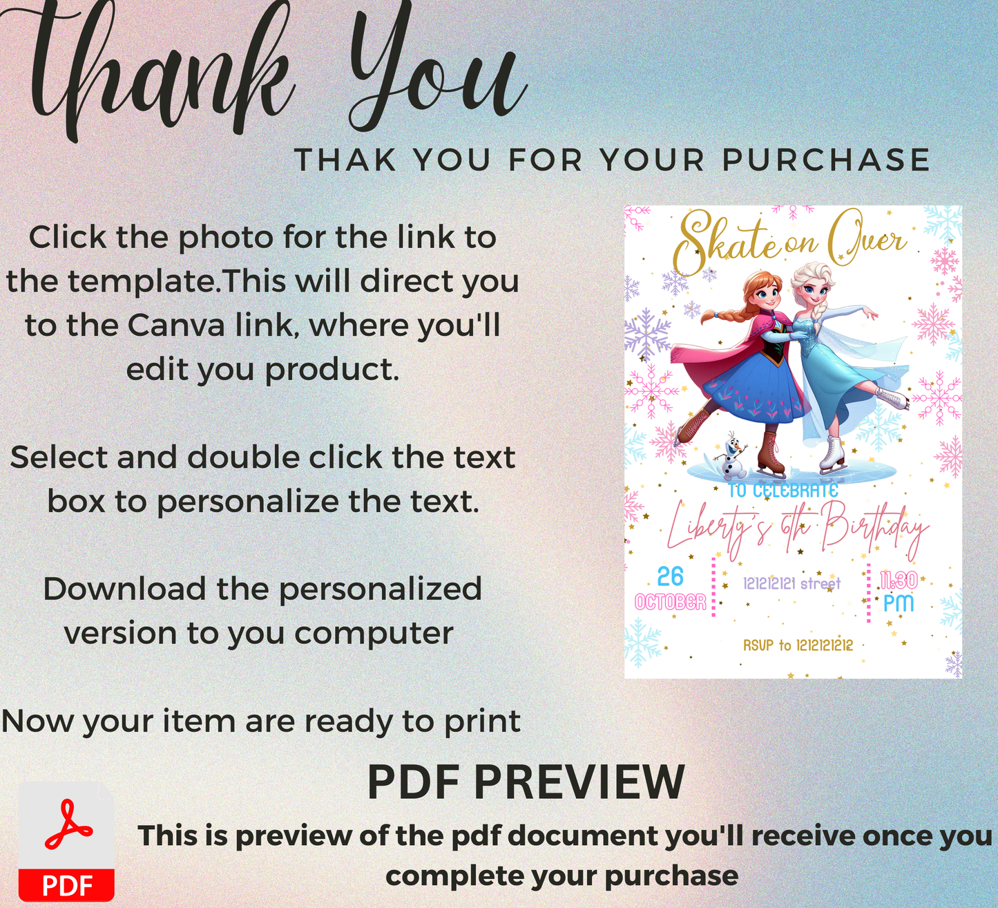 Frozen Ice Princess Roller Skating Birthday Invitation | Winter Skating Party | Editable Template