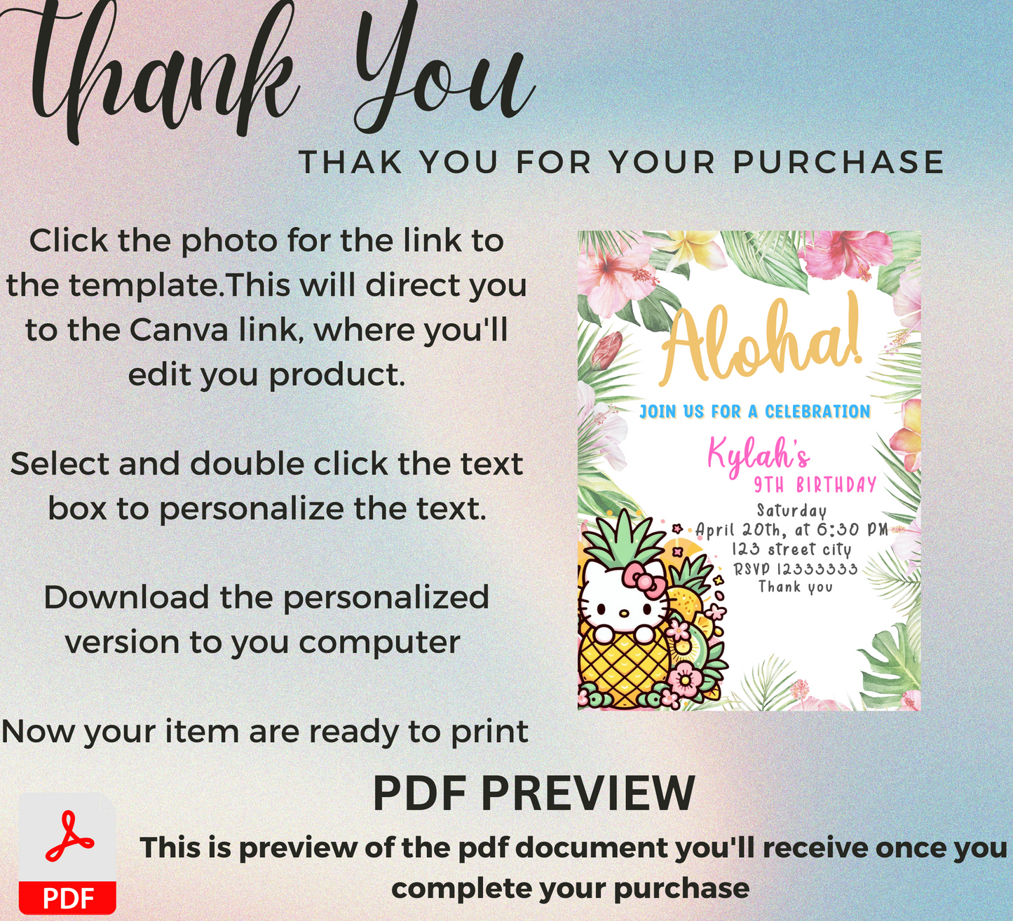 Hello Kitty Aloha Tropical Hawaii Birthday Invitation | Editable Canva Template | Kawaii Luau Party Invite | Printable Girls Birthday Invitation