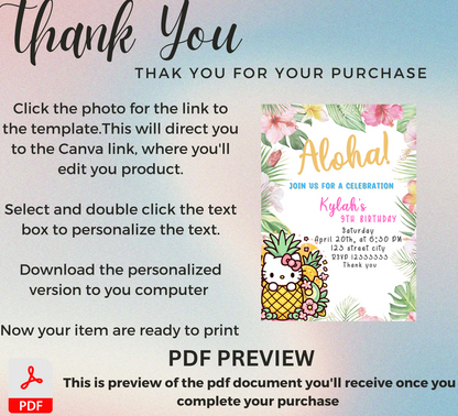 Hello Kitty Aloha Tropical Hawaii Birthday Invitation | Editable Canva Template | Kawaii Luau Party Invite | Printable Girls Birthday Invitation