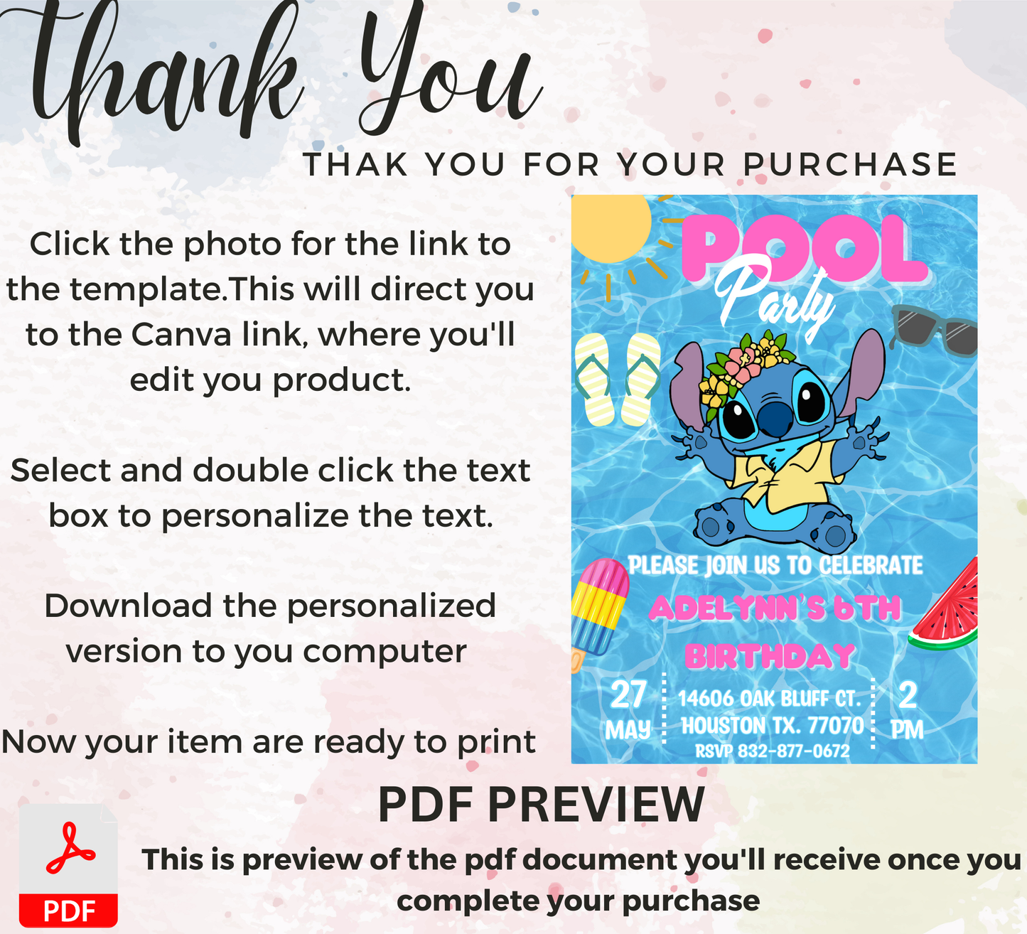 Stitch Pool Hawaii Tropical Birthday Invitation | Luau Party Invite | Editable Template