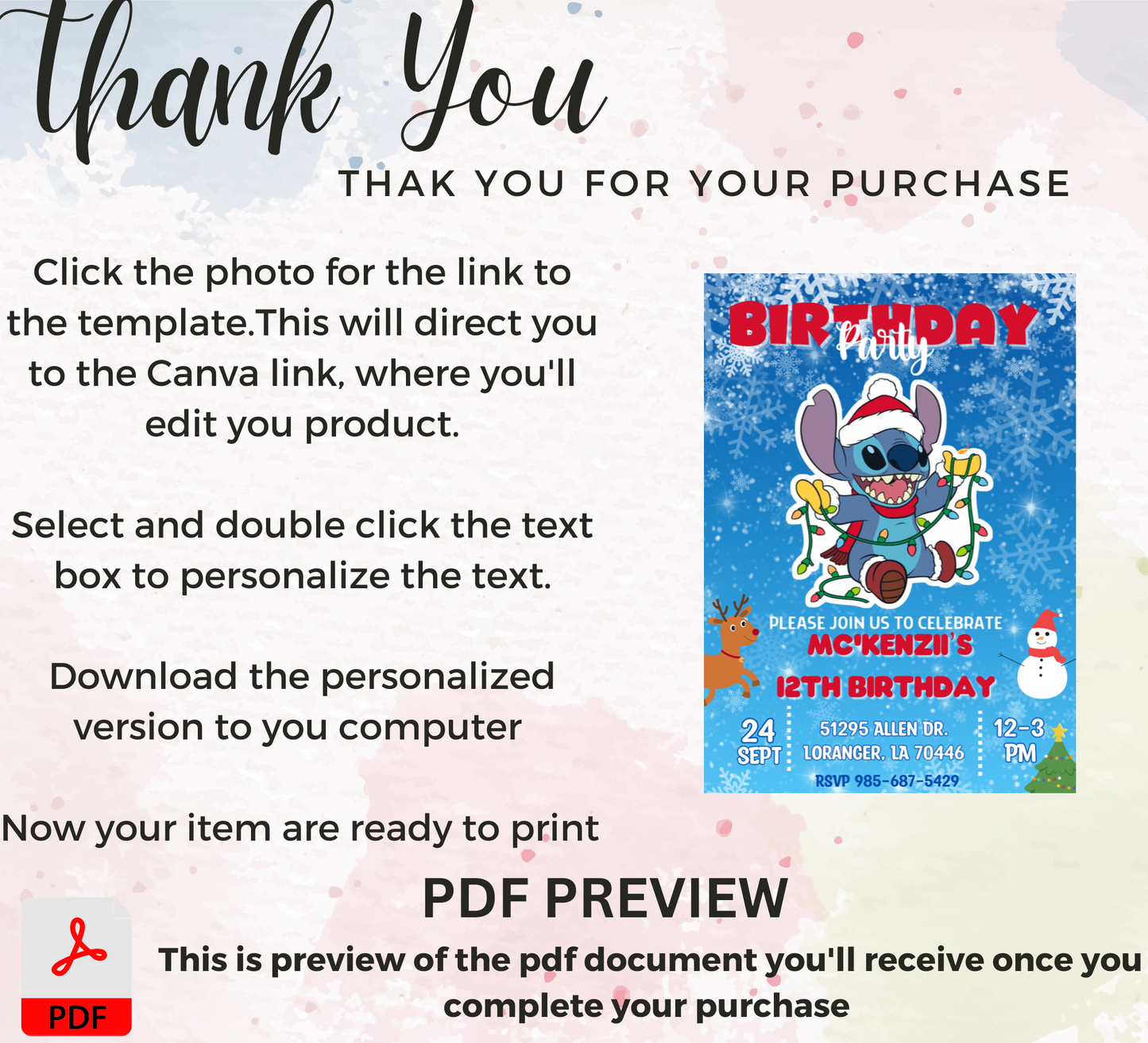 Stitch Christmas Birthday Winter Invitation | Holiday Party Invite | Editable Template