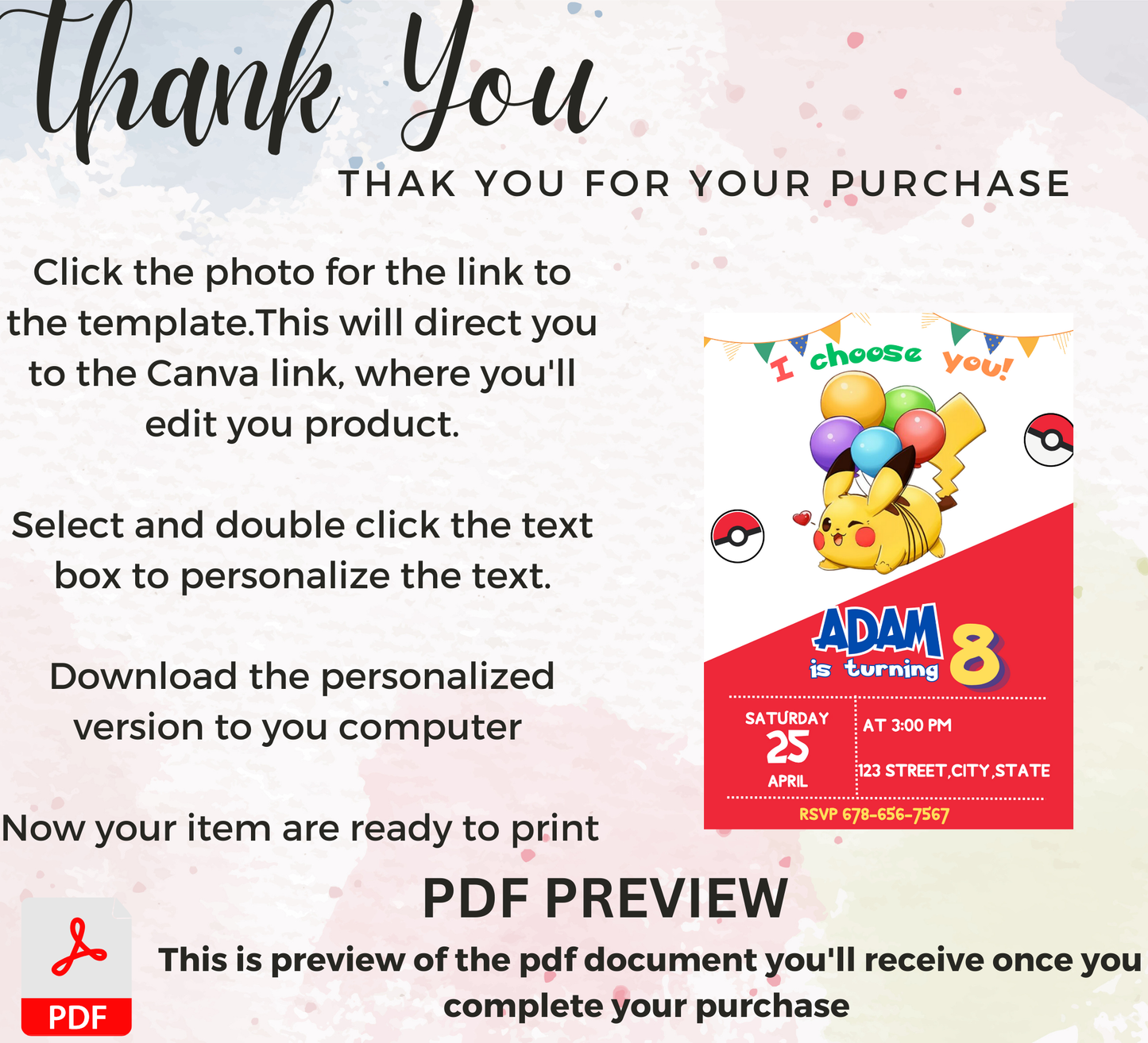 Pikachu Red Pokémon Birthday Invitation | Bold Party Invite | Editable Digital Template