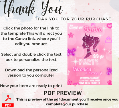 Barbie Pink Glitter Birthday Invitation | Glam Doll Party Invite | Editable Canva Template | Sparkly Printable Girl Birthday Invitation