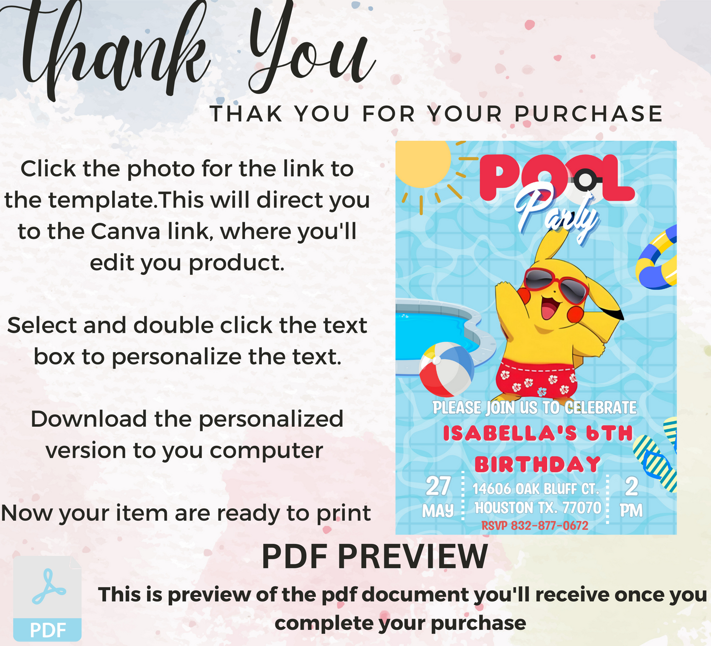 Pikachu Pokémon Red Pool Birthday Invitation | Summer Swim Party Invite | Editable Canva Template | Pokémon Kids Birthday Printable
