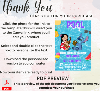 Stitch & Lilo Pool Birthday Invitation | Tropical Summer Party | Editable Digital Template