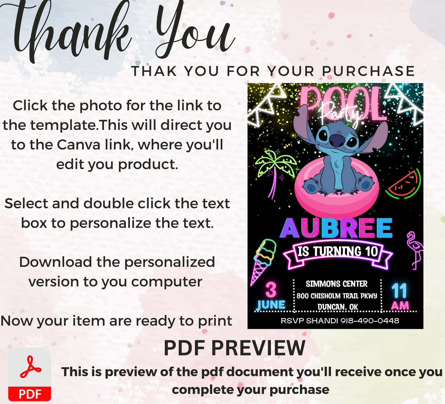 Stitch Pool Neon Birthday Invitation | Glow Party Pool Invite | Editable Digital Template