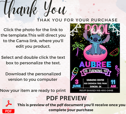 Stitch Pool Neon Birthday Invitation | Glow Party Pool Invite | Editable Digital Template