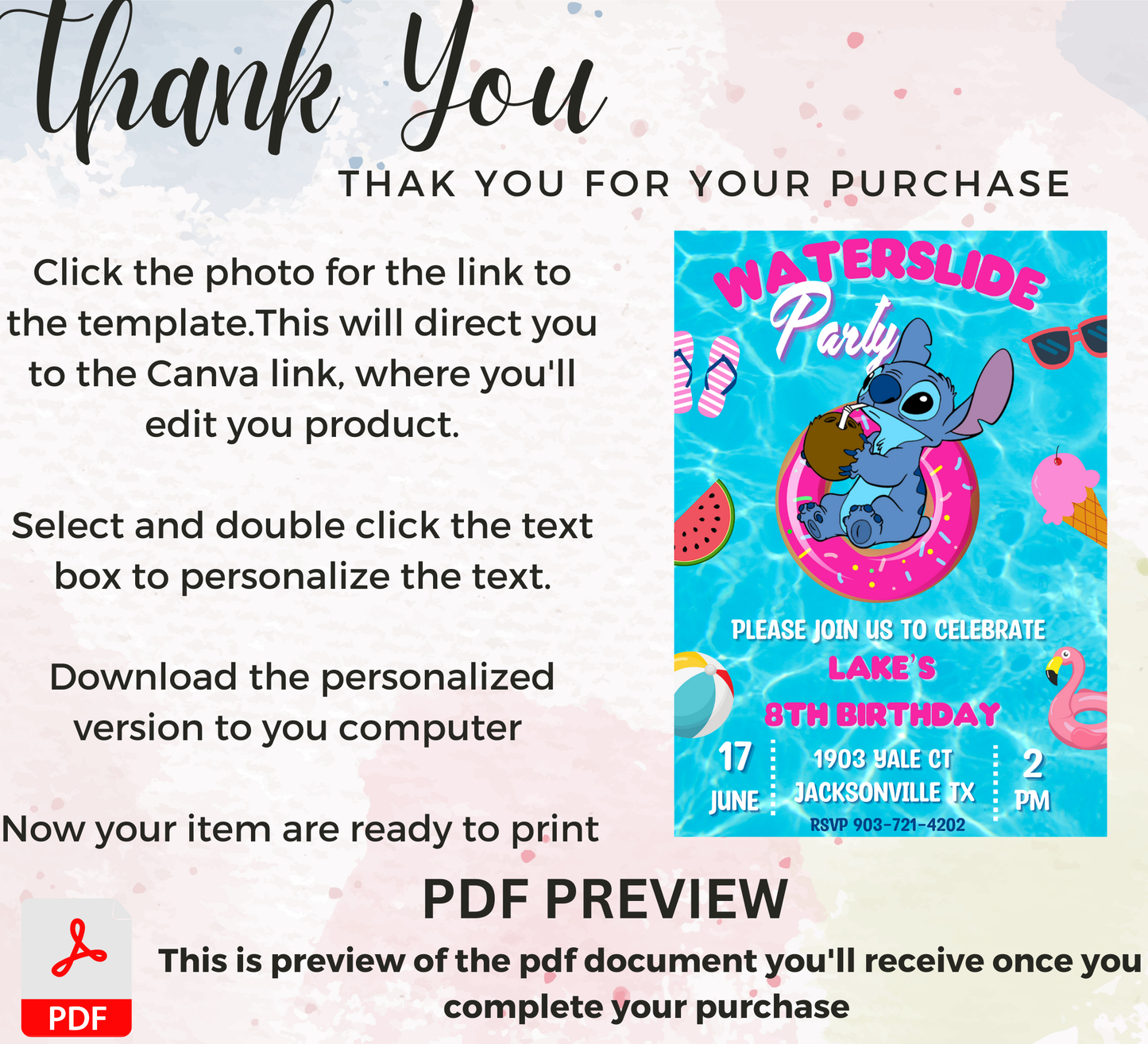Stitch Waterslide Pool Birthday Invitation | Summer Swim Party | Editable Canva Template