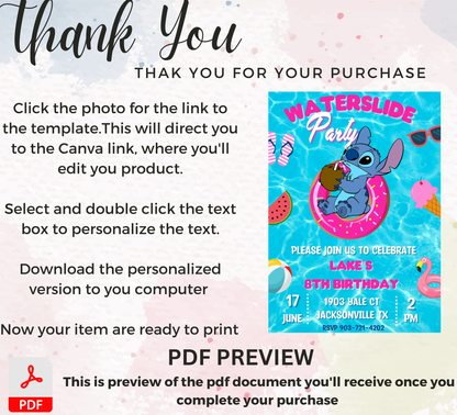 Stitch Waterslide Pool Birthday Invitation | Summer Swim Party | Editable Canva Template