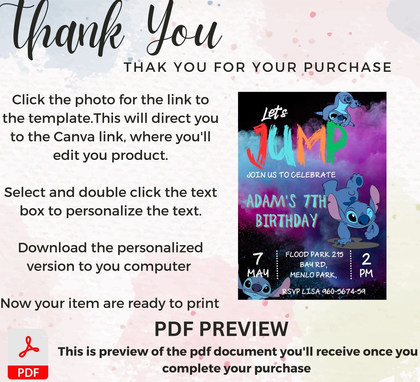 Stitch Jump Neon Birthday Invitation 🌈✨ | Glow Party Invite | Editable Canva Template