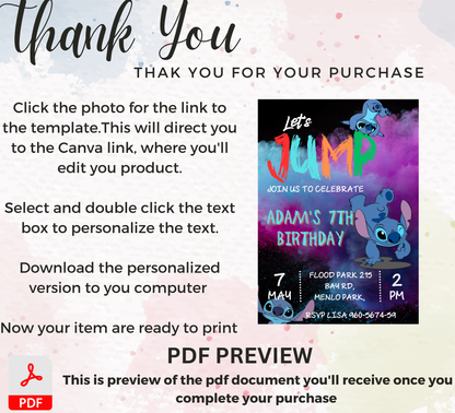 Stitch Jump Neon Birthday Invitation 🌈✨ | Glow Party Invite | Editable Canva Template