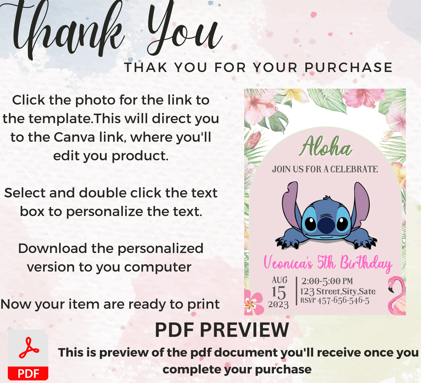 Stitch Aloha Tropical Hawaii Birthday Invitation 🌺🌴 | Luau Party Invite | Editable Digital Template