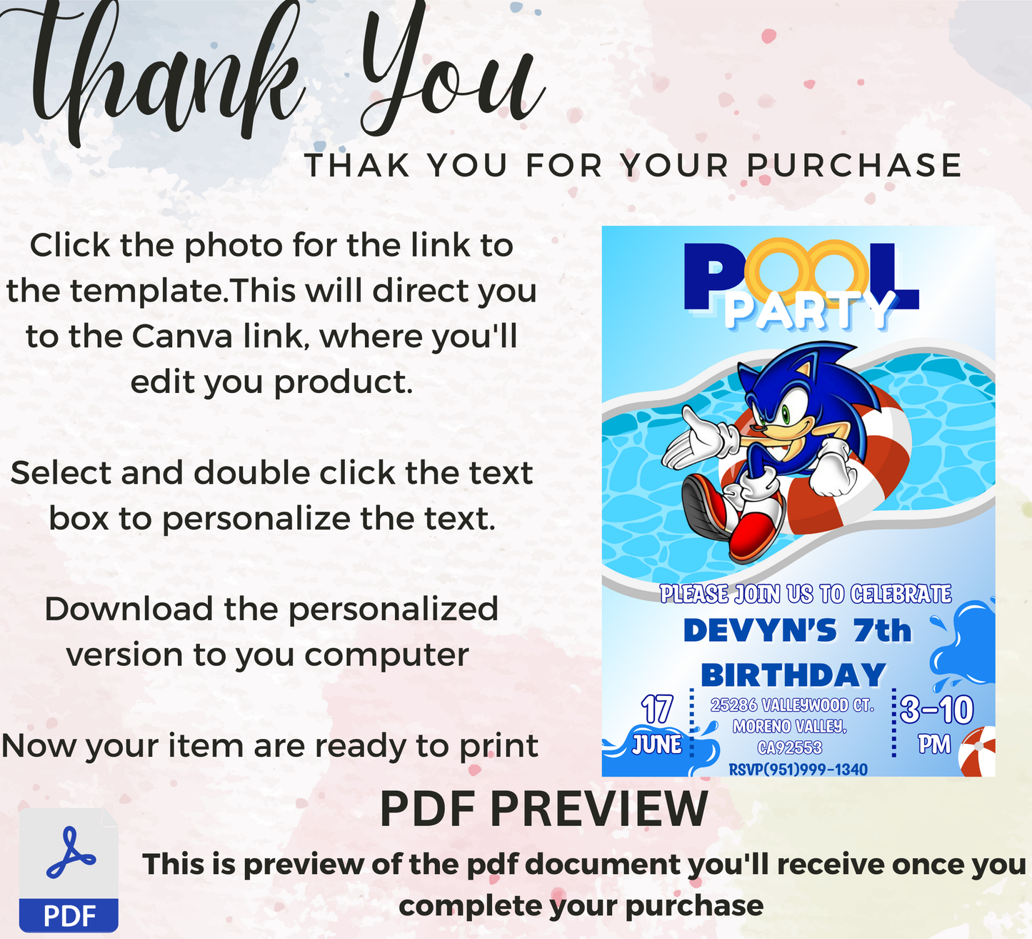 Sonic & Shadow Pool Birthday Invitation | Summer Splash Party | Editable Digital Template