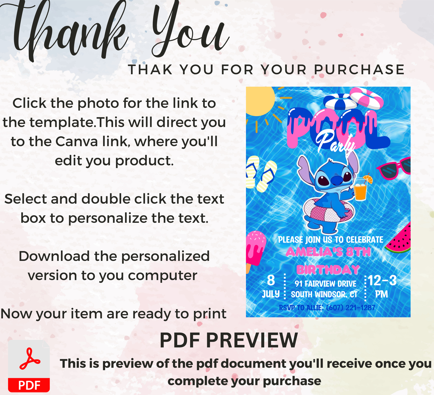 Stitch Pool Blue Birthday Invitation | Tropical Summer Pool Party | Editable Digital Invite