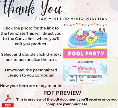Hello Kitty Retro Watercolor Pool Birthday Invitation | Summer Swim Party | Editable Canva Template