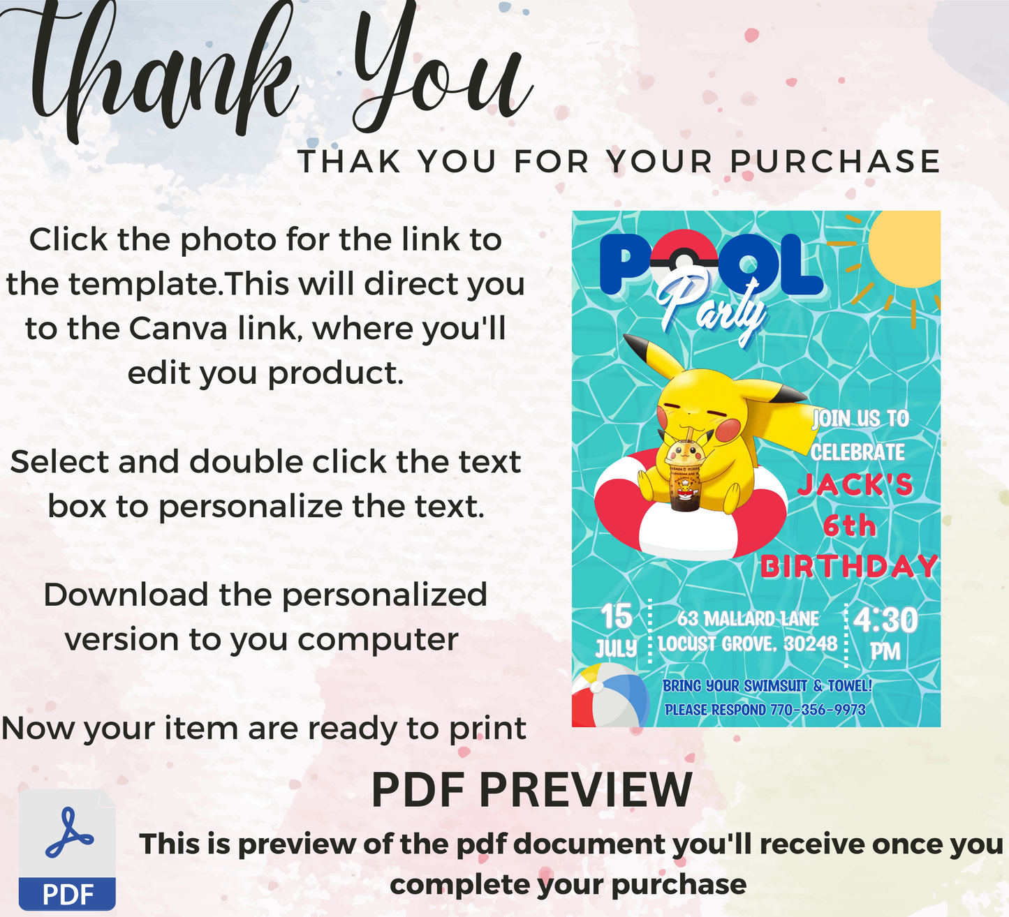 Pikachu Pool Pokémon Birthday Invitation | Summer Swim Party | Editable Canva Template