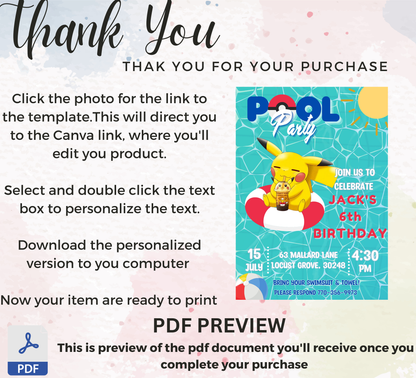 Pikachu Pool Pokémon Birthday Invitation | Summer Swim Party | Editable Canva Template