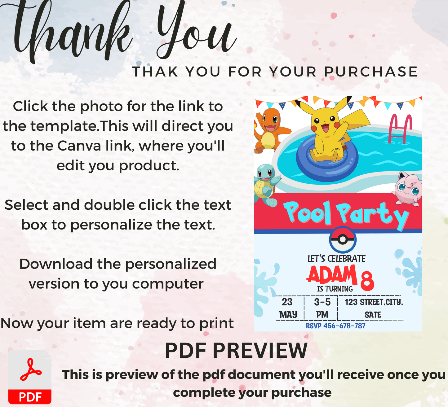Pokémon Pool Birthday Invitation | Summer Splash Party Invite | Editable Digital Template