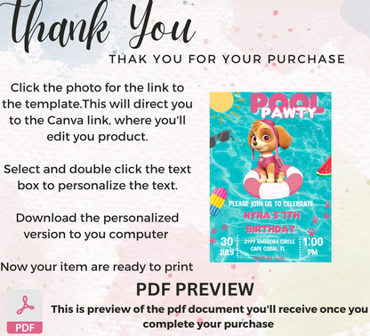 PAW Patrol Skye Pool Birthday Invitation | Pink Summer Splash Party | Editable Digital Template