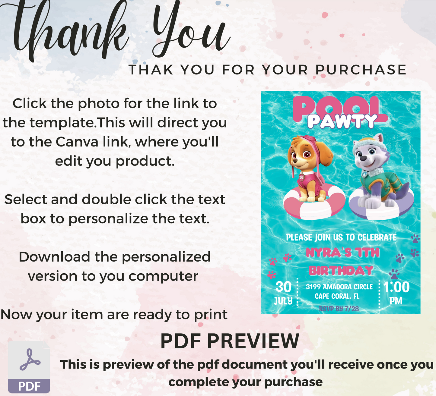 Paw Patrol Skye & Everest Pool Birthday Invitation | Girl Swim Party Invite | Editable Canva Template | Printable Summer Birthday Invitation