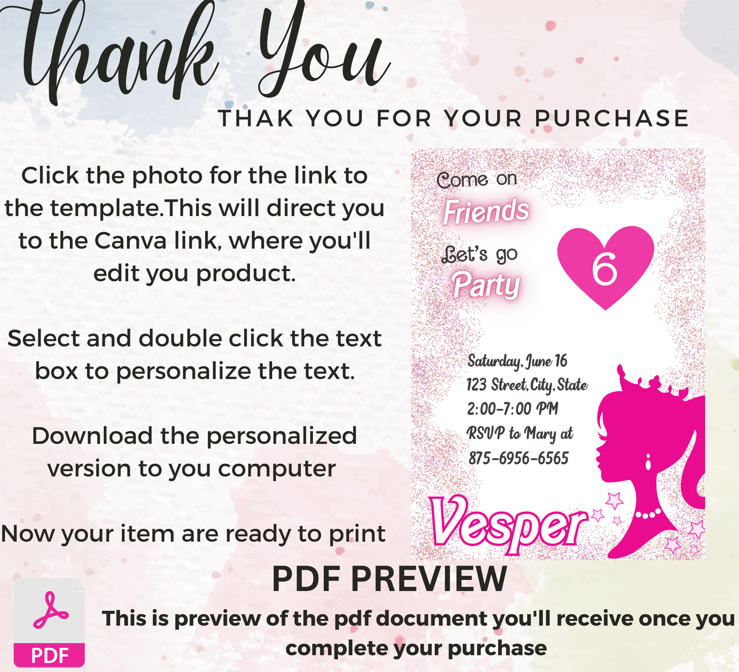 Barbie Pink Glitter Birthday Invitation | Glam Doll Party Invite | Editable Digital Template