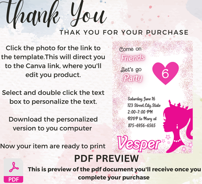 Barbie Pink Glitter Birthday Invitation | Glam Doll Party Invite | Editable Digital Template