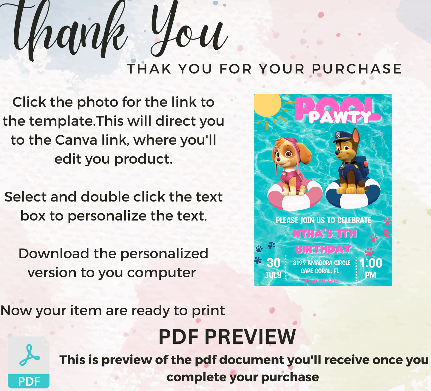 PAW Patrol Marshall & Skye Pool Birthday Invitation | Summer Splash Party | Editable Digital Template