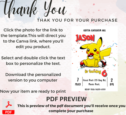 Pikachu Pokémon Birthday Invitation | Cute Kids Party Invite | Editable Digital Template