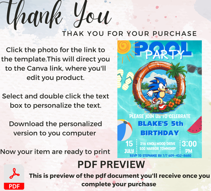 Sonic the Hedgehog & Shadow Pool Birthday Invitation | Summer Swim Party | Editable Canva Template
