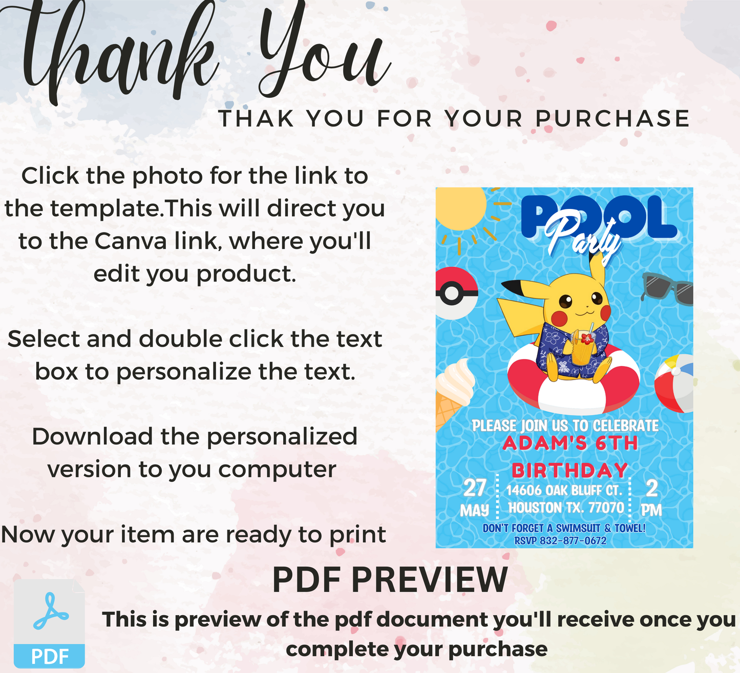 Pikachu Pool Pokémon Birthday Invitation | Summer Splash Party | Editable Digital Invite