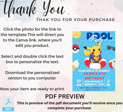Pikachu Pool Pokémon Birthday Invitation | Summer Splash Party | Editable Digital Invite