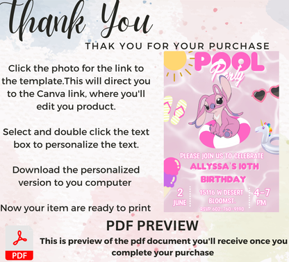 Stitch Angel Pink Pool Birthday Invitation | Cute Summer Party | Editable Digital Invite