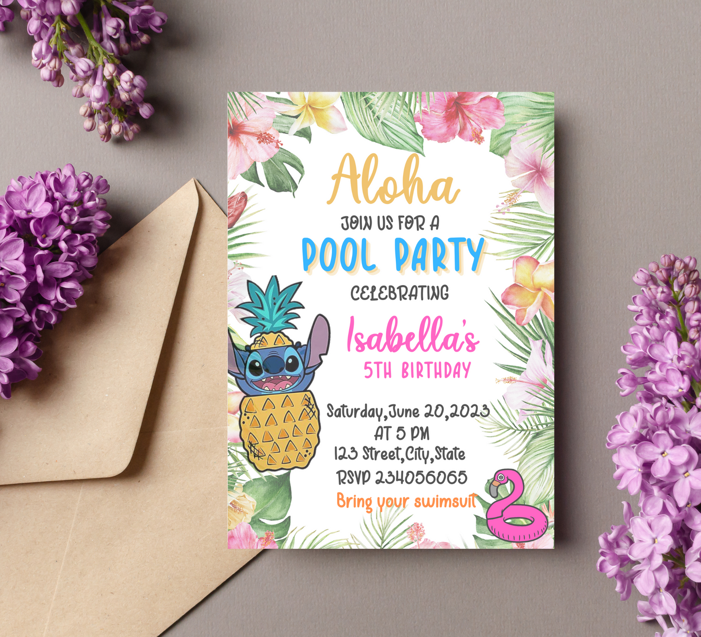 Stitch Aloha Tropical Pool Birthday Invitation | Hawaiian Summer Party Invite | Editable Canva Template | Tropical Pool Party Birthday Invitation