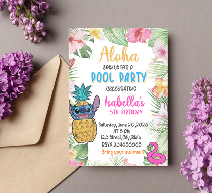 Stitch Aloha Tropical Pool Birthday Invitation | Hawaiian Summer Party Invite | Editable Canva Template | Tropical Pool Party Birthday Invitation