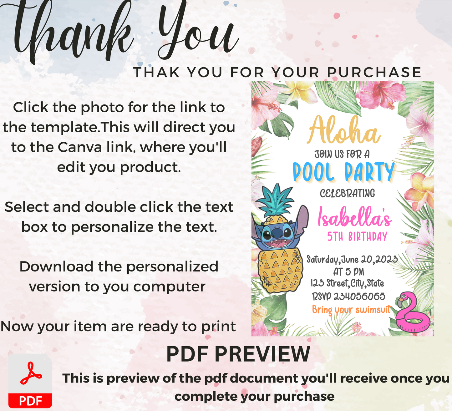 Stitch Aloha Tropical Pool Birthday Invitation | Hawaiian Summer Party Invite | Editable Canva Template | Tropical Pool Party Birthday Invitation