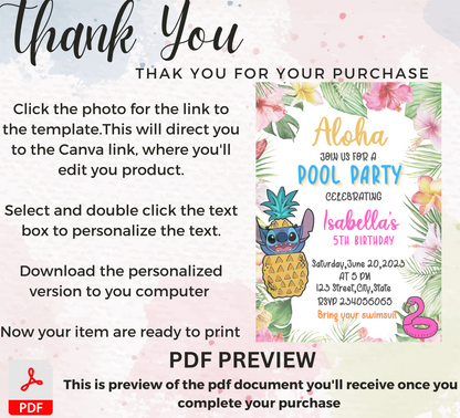 Stitch Aloha Tropical Pool Birthday Invitation | Hawaiian Summer Party Invite | Editable Canva Template | Tropical Pool Party Birthday Invitation